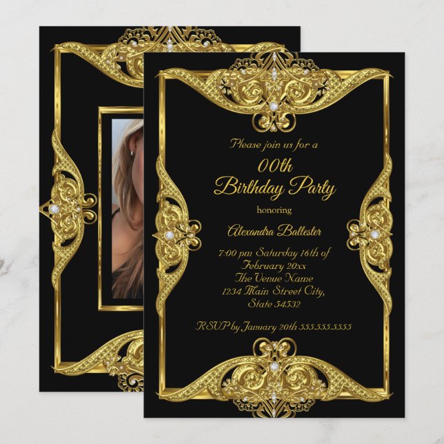 Invitación Fiesta de Cumpleaños Elegante Foto Marco de Oro Ne (Anverso / Reverso)