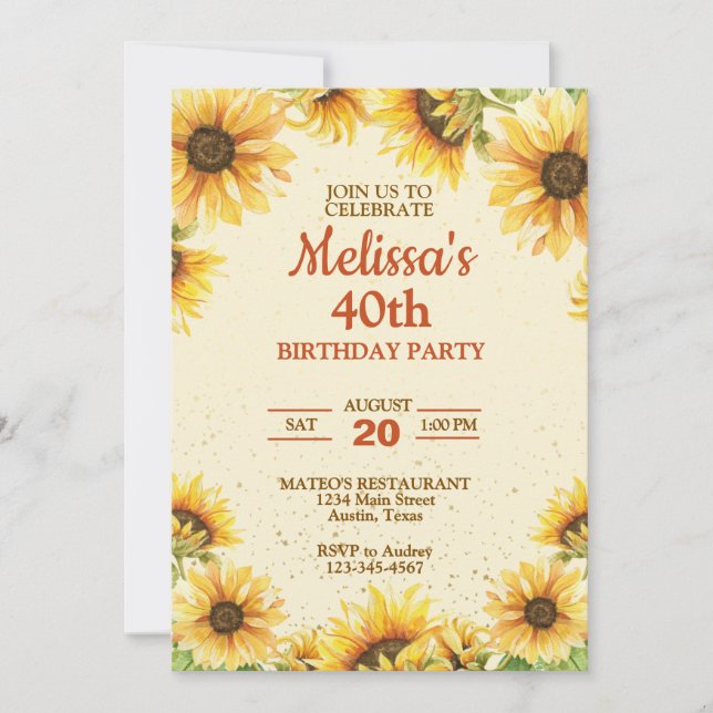 Invitación Fiesta de Cumpleaños Elegante Girasol (Anverso)
