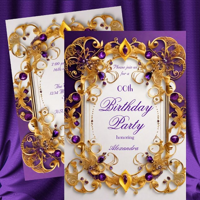 Invitación Fiesta de cumpleaños elegante joya Morada Oro Blan (Subido por el creador)