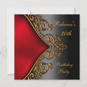 Invitación Fiesta de Cumpleaños Elegante Joya Negro Rojo Dora
