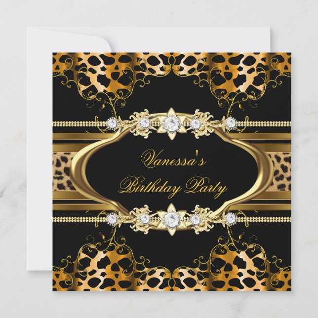 Invitación Fiesta de Cumpleaños Elegante Leopardo Dorado (Anverso)