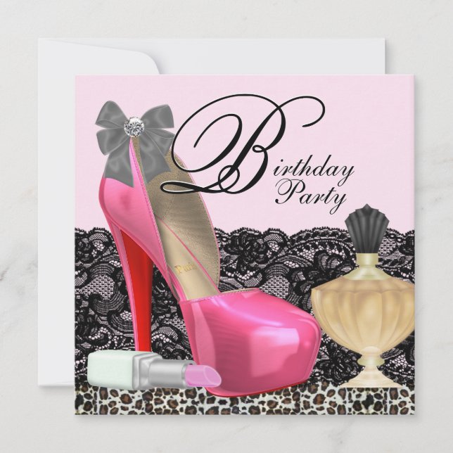 Invitación Fiesta de Cumpleaños Elegante Leopardo Rosa (Anverso)