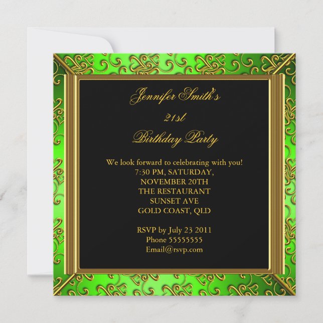 Invitación Fiesta de Cumpleaños Elegante Lima Verde Negro Dor (Anverso)