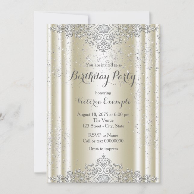 Invitación Fiesta de Cumpleaños Elegante Marfil Plata Brillan (Anverso)