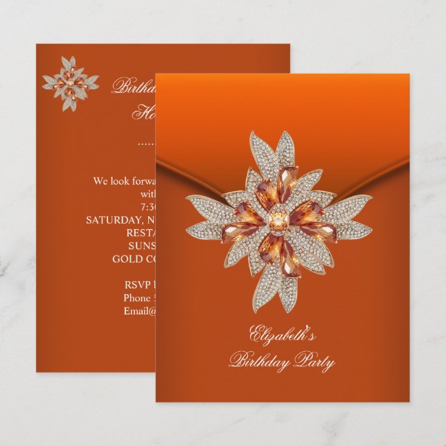Invitación Fiesta de Cumpleaños Elegante Naranja Quemada Ámba (Anverso / Reverso)