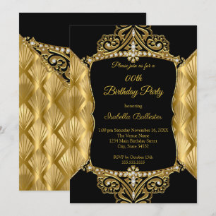 Invitación Fiesta de Cumpleaños Elegante Negro Oro Diamante F