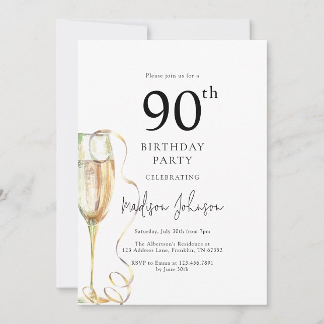 Invitación Fiesta de cumpleaños elegante número 90 (Anverso)
