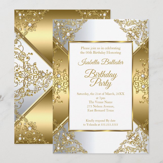 Invitación Fiesta de Cumpleaños Elegante Oro Blanco Perla Pla (Anverso / Reverso)