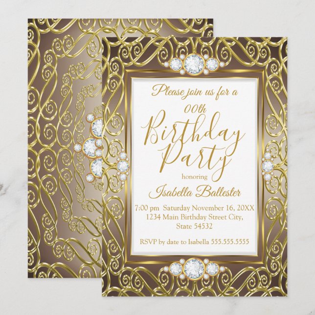 Invitación Fiesta de Cumpleaños Elegante Oro Bronce Beige Dia (Anverso / Reverso)
