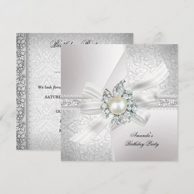 Invitación Fiesta de Cumpleaños Elegante Perla Blanco Plata (Anverso / Reverso)