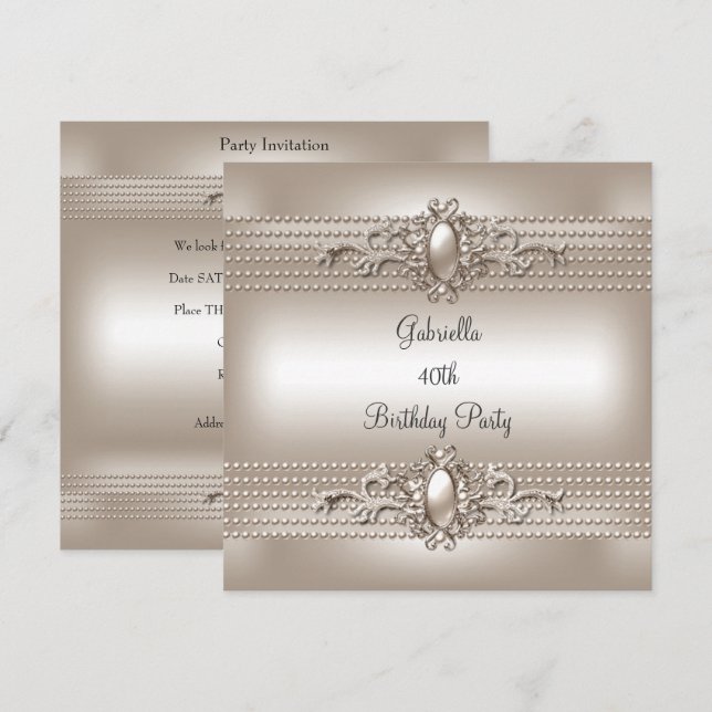 Invitación Fiesta de cumpleaños elegante perla crema 40 (Anverso / Reverso)