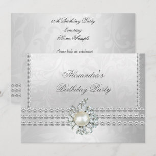 Invitación Fiesta de Cumpleaños Elegante Perla Diamante Blanc