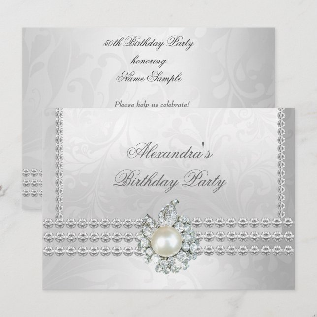 Invitación Fiesta de Cumpleaños Elegante Perla Diamante Blanc (Anverso / Reverso)