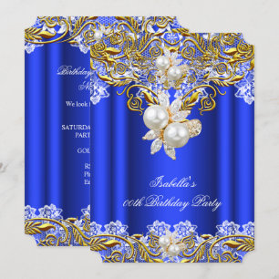 Invitación Fiesta de Cumpleaños Elegante Perla Dorada Azul Re