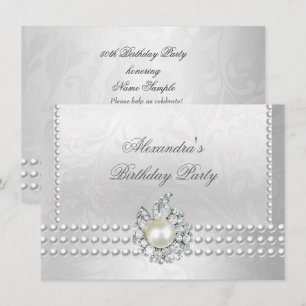 Invitación Fiesta de Cumpleaños Elegante Perlas Diamantes Pla