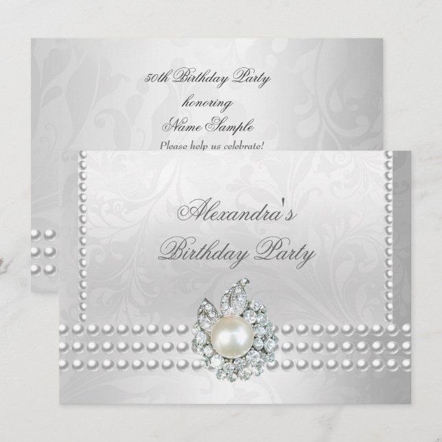 Invitación Fiesta de Cumpleaños Elegante Perlas Diamantes Pla (Anverso / Reverso)