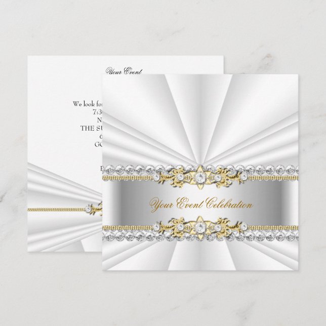 Invitación Fiesta de Cumpleaños Elegante Plata Blanco Dorado (Anverso / Reverso)