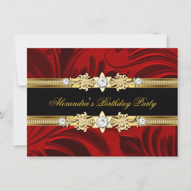 Invitación Fiesta de cumpleaños elegante Red Floral Gold Blac (Anverso)