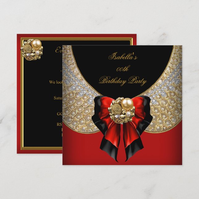 Invitación Fiesta de cumpleaños elegante Red Gold Black (Anverso / Reverso)