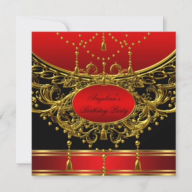 Invitación Fiesta de Cumpleaños Elegante Regio Rojo Dorado (Anverso)