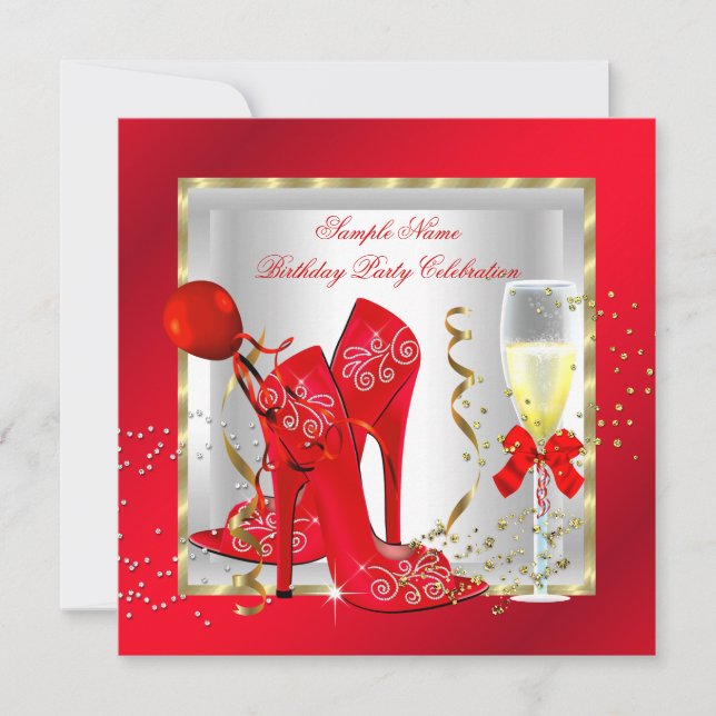 Invitación Fiesta de cumpleaños elegante rojo dorado brillo b (Anverso)