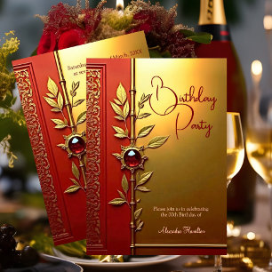 Invitación Fiesta de Cumpleaños Elegante Rojo Dorado Ornament