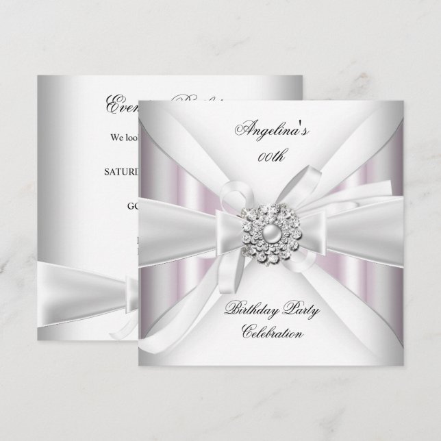 Invitación Fiesta de cumpleaños elegante rosa blanco plateado (Anverso / Reverso)