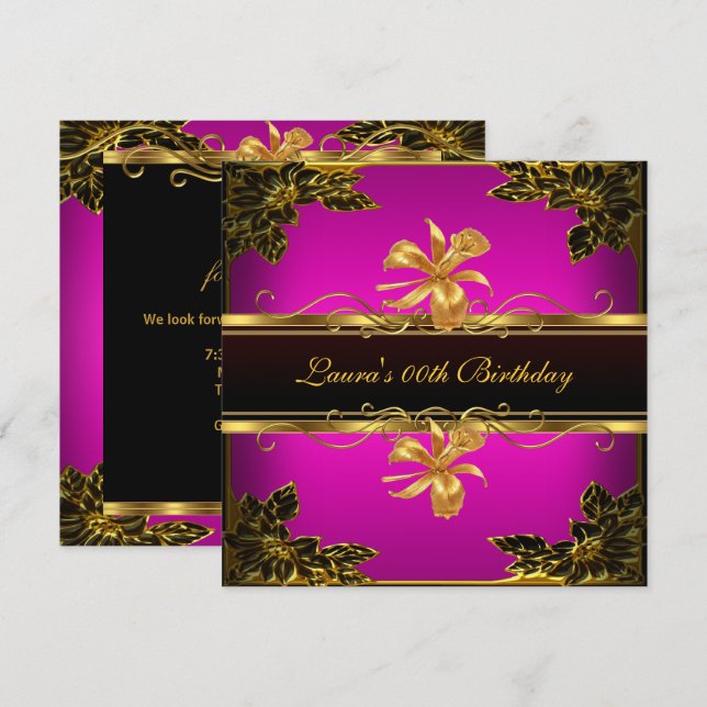 Invitación Fiesta de Cumpleaños Elegante Rosa Caliente Dorado (Anverso / Reverso)