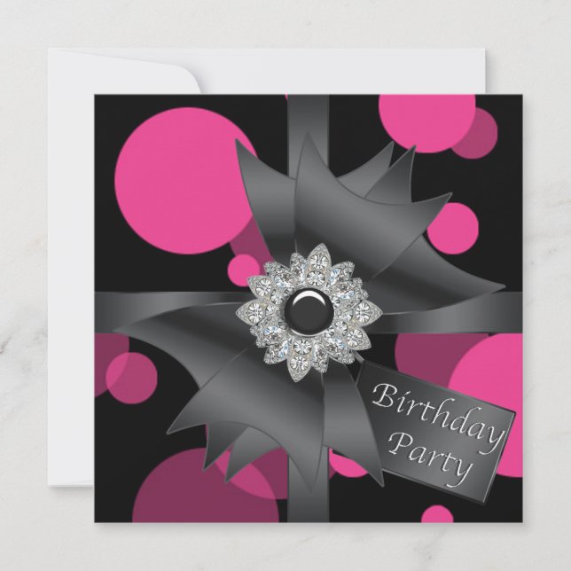 Invitación Fiesta de cumpleaños elegante rosa caliente negro (Anverso)