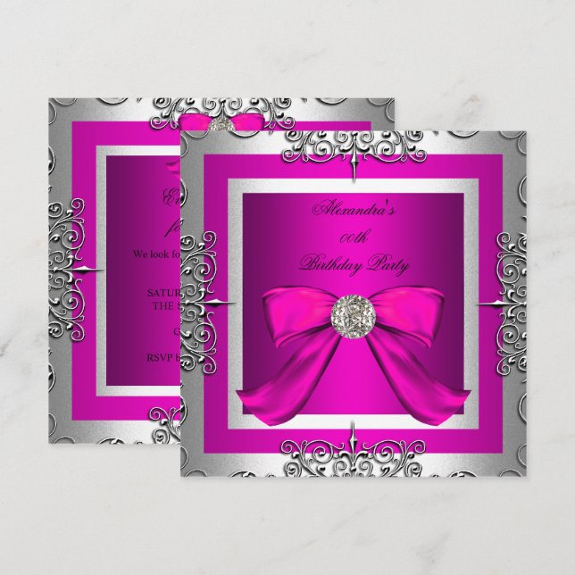 Invitación Fiesta de Cumpleaños Elegante Rosa Caliente Platea (Anverso / Reverso)