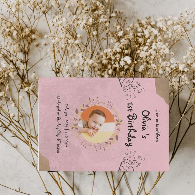 Invitación Fiesta de cumpleaños elegante rosa para niña de 1  (Pink Elegant Cute 1st Birthday Party Invitation
)