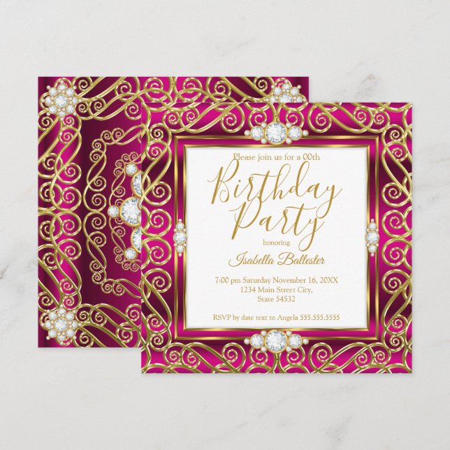 Invitación Fiesta de Cumpleaños Elegante Rosa Profundo Oro Di (Anverso / Reverso)