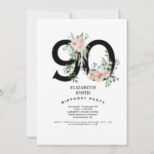 Invitación Fiesta de Cumpleaños Elegante Rosa Rosa 90 Blanco
