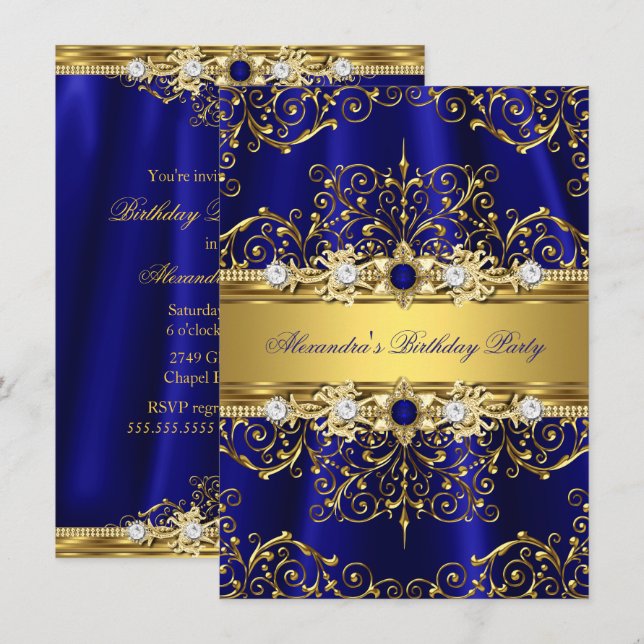 Invitación Fiesta de cumpleaños elegante Royal Blue & Gold Da (Anverso / Reverso)