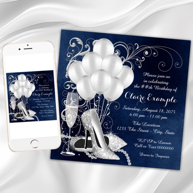Invitación Fiesta de cumpleaños elegante Royal Blue Silver pa (Womans Royal Blue Silver Elegant Birthday Party Invitation with silver high heel shoes and pearls.)