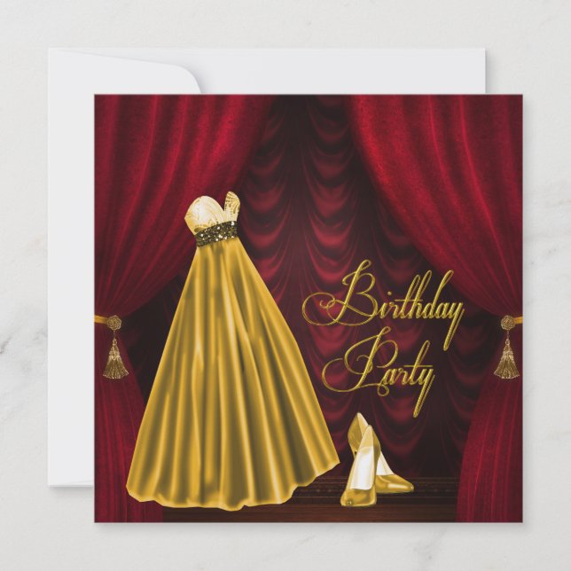 Invitación Fiesta de Cumpleaños Elegante Rubí Rojo y Dorado (Anverso)