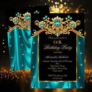 Invitación Fiesta de Cumpleaños Elegante Seda Azul Teal Oro G