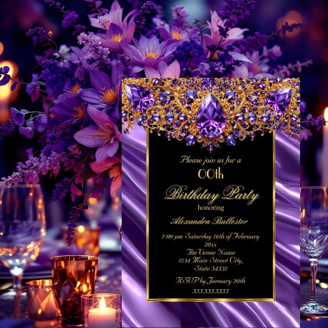 Invitación Fiesta de Cumpleaños Elegante Seda Púrpura joya Or (Subido por el creador)