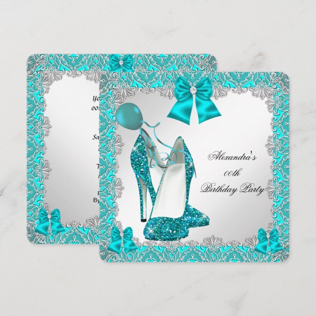 Invitación Fiesta de Cumpleaños Elegante Stiletto Brillo Turq (Anverso / Reverso)