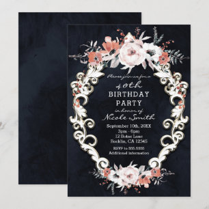 Invitación Fiesta de Cumpleaños Elegante Tiza Oscura Floral P