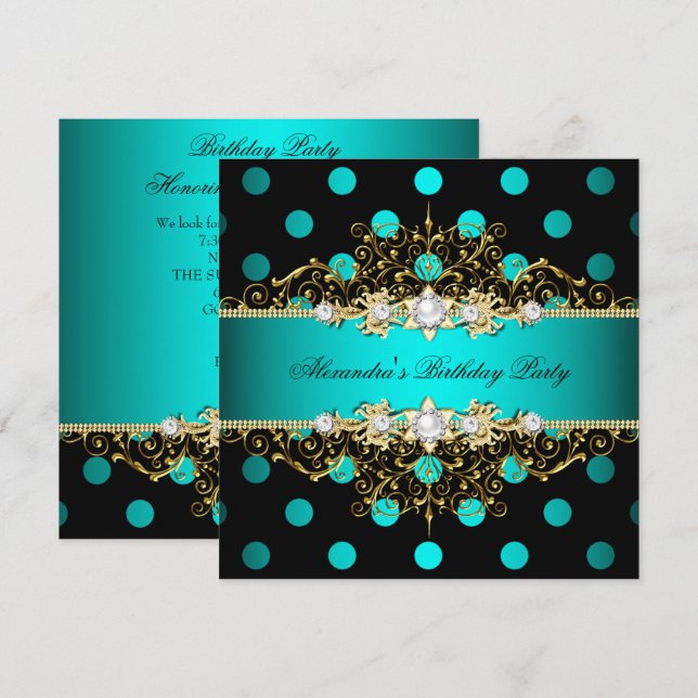 Invitación Fiesta de Cumpleaños Elegante Verde Azul Dorado Ne (Anverso / Reverso)