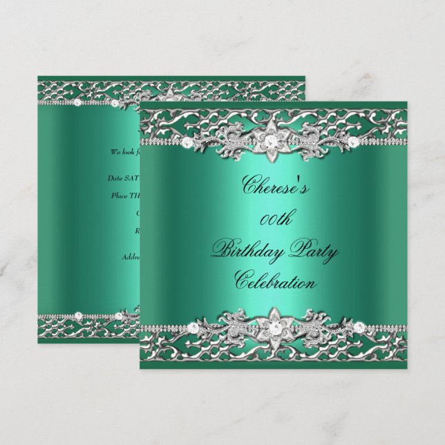 Invitación Fiesta de Cumpleaños Elegante Verde Jade Plata Dia (Anverso / Reverso)