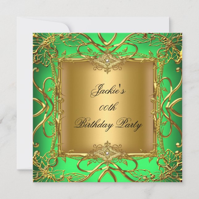 Invitación Fiesta de Cumpleaños Elegante Verde Lima Dorado (Anverso)