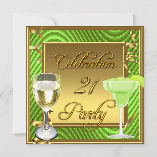 Invitación Fiesta de cumpleaños elegante verde lima dorado 21 (Anverso)