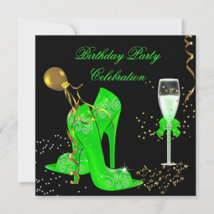 Invitación Fiesta de Cumpleaños Elegante Verde Lima Dorado Br
