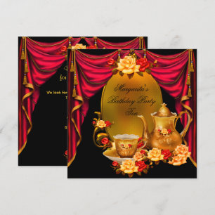 Invitación Fiesta de cumpleaños elegante vintage té rojo rosa