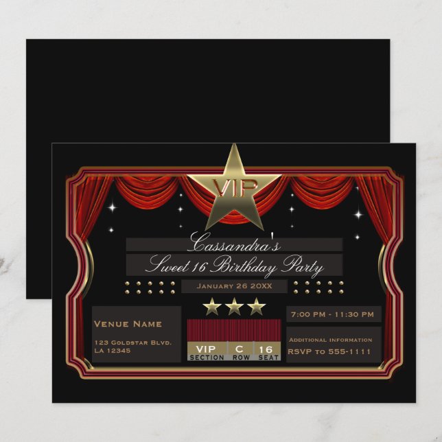 Invitación Fiesta de Cumpleaños Elegante VIP Estrella de Oro  (Anverso / Reverso)