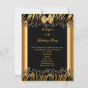 Invitación Fiesta de Cumpleaños Elegante Zebra Negro Dorado