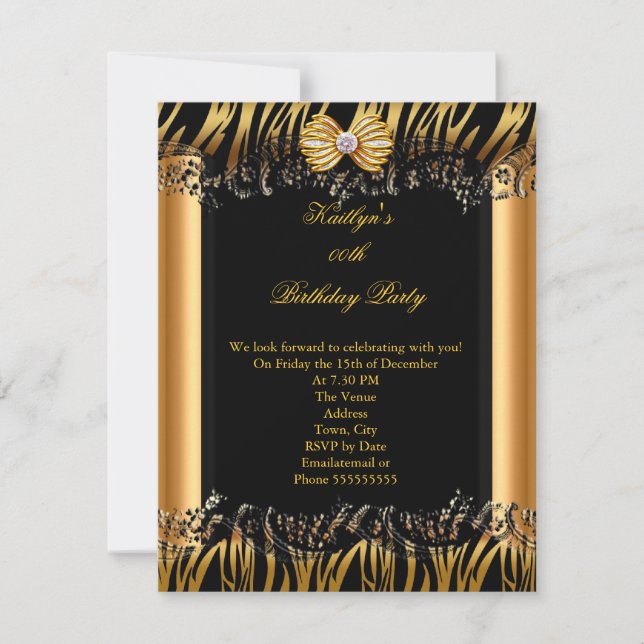 Invitación Fiesta de Cumpleaños Elegante Zebra Negro Oro (Anverso)