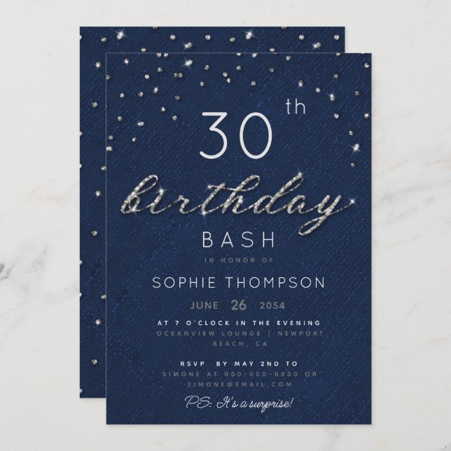 Invitación Fiesta de Cumpleaños Elegantes Joyas Azul Marino B (Anverso / Reverso)